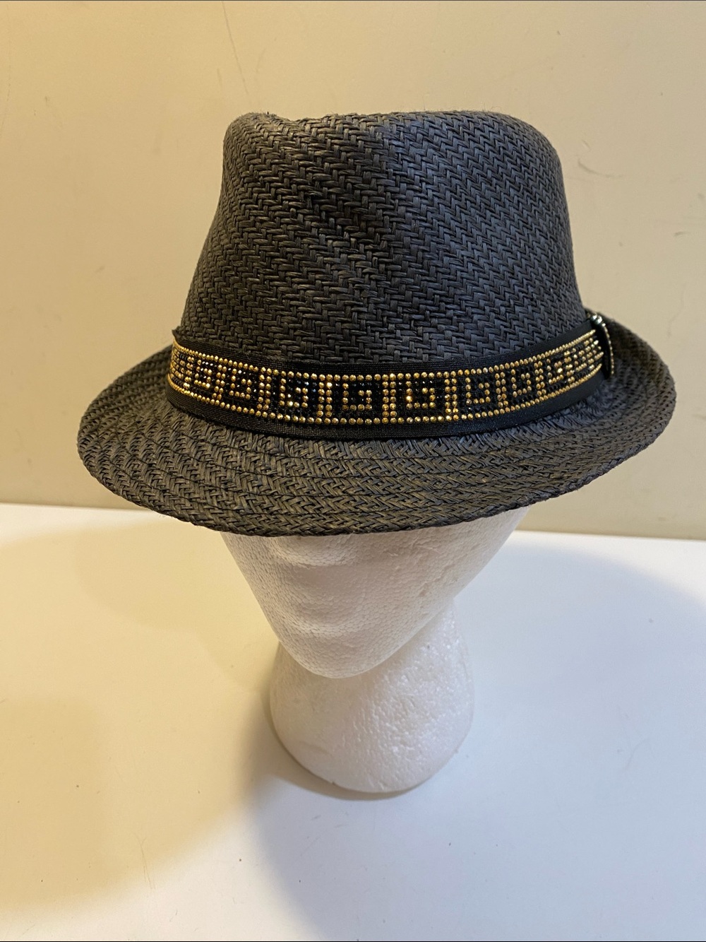 Vera New York Black Straw Fedora Hat with Beaded Band